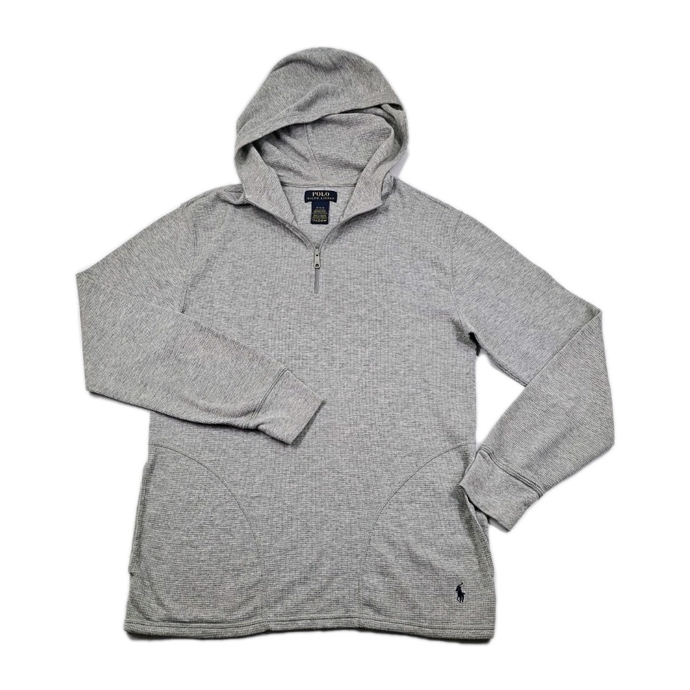 Polo Ralph Lauren Thermal Waffle Knit 1/4 Zip Hoodie Mens M Grey Pullover Pocket